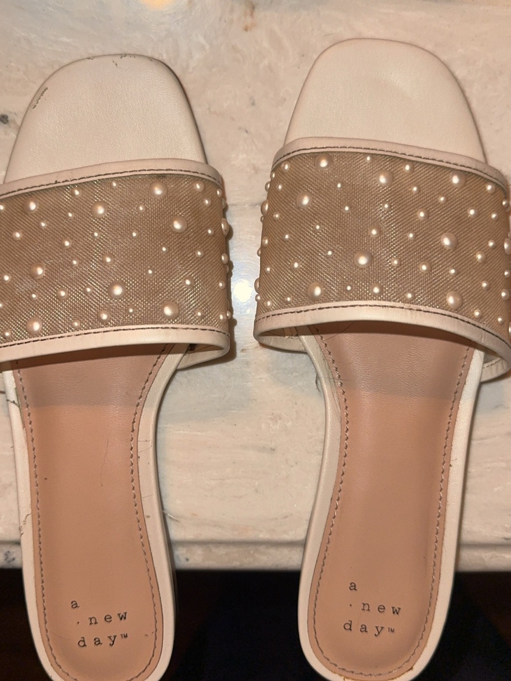 a new day Pearl-Studded Tan & White Slide Mules